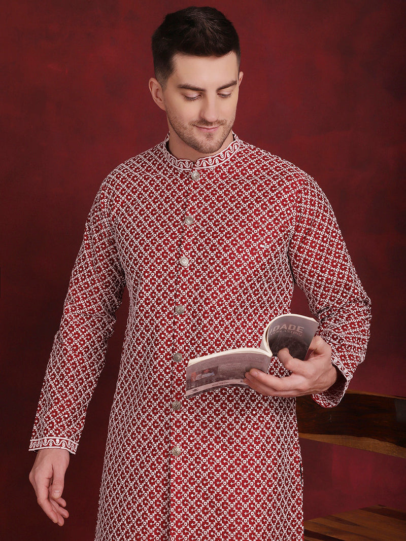 Men's Sequin Chikankari Front Open Kurta With Pyjamas ( JOKP P 5029Maroon )