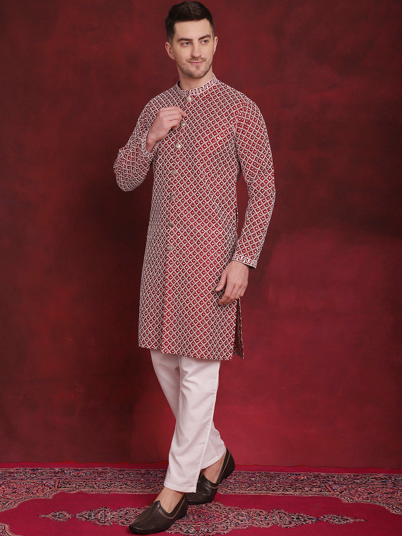 Men's Sequin Chikankari Front Open Kurta With Pyjamas ( JOKP P 5029Maroon )