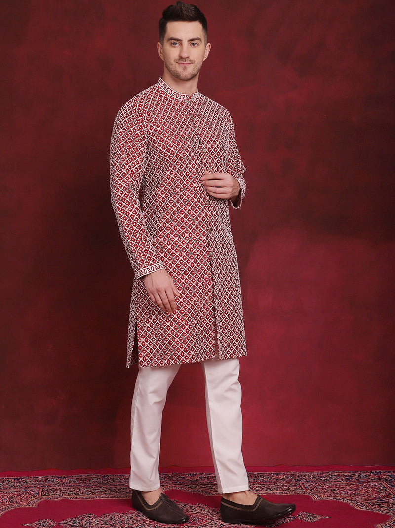 Men's Sequin Chikankari Front Open Kurta With Pyjamas ( JOKP P 5029Maroon )