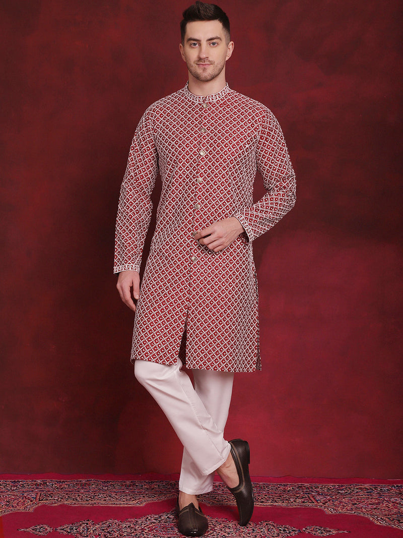 Men's Sequin Chikankari Front Open Kurta With Pyjamas ( JOKP P 5029Maroon )