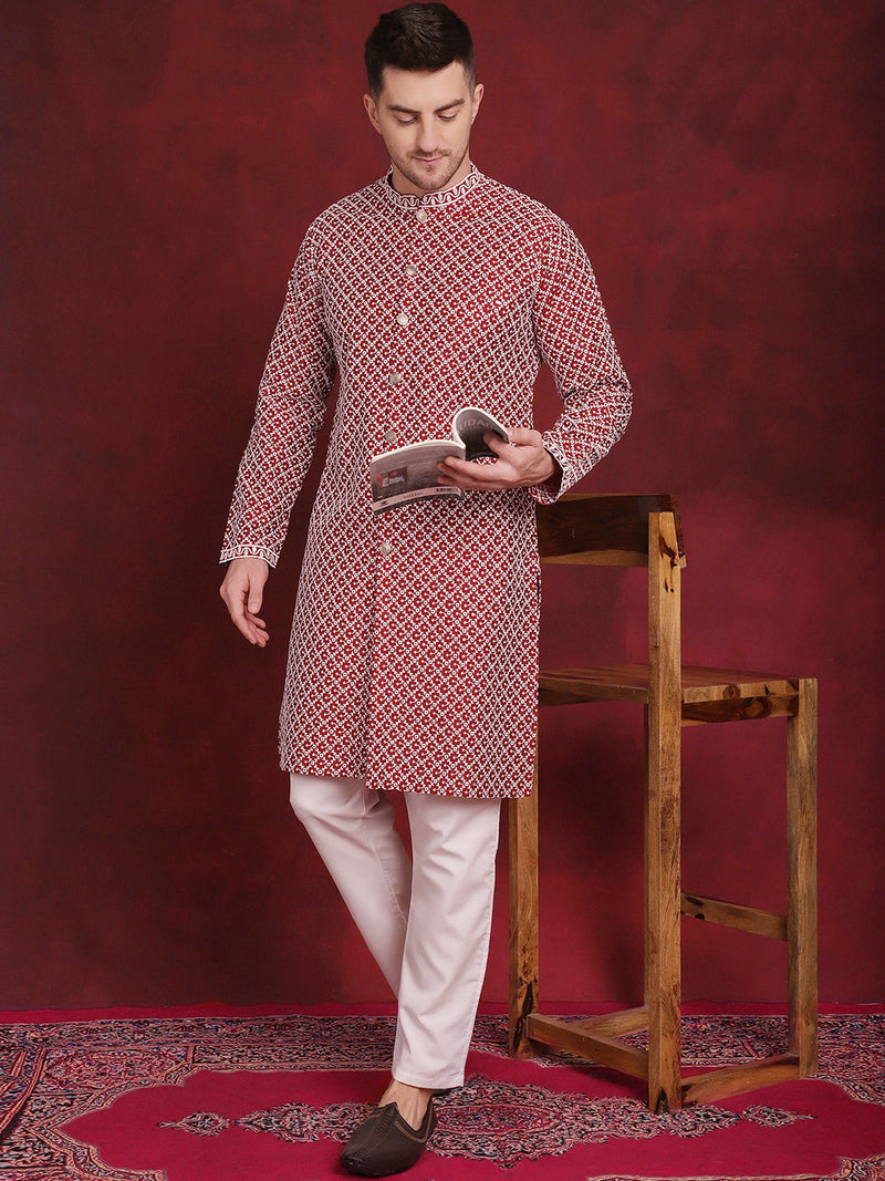 Men's Sequin Chikankari Front Open Kurta With Pyjamas ( JOKP P 5029Maroon )