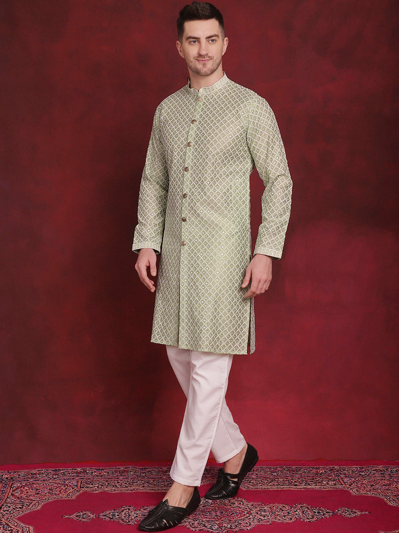 Men's Sequin Chikankari Front Open Kurta With Pyjamas ( JOKP P 5029Pista )