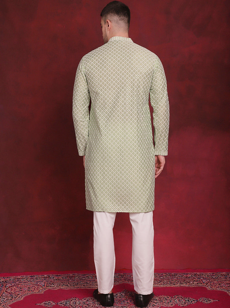 Men's Sequin Chikankari Front Open Kurta With Pyjamas ( JOKP P 5029Pista )