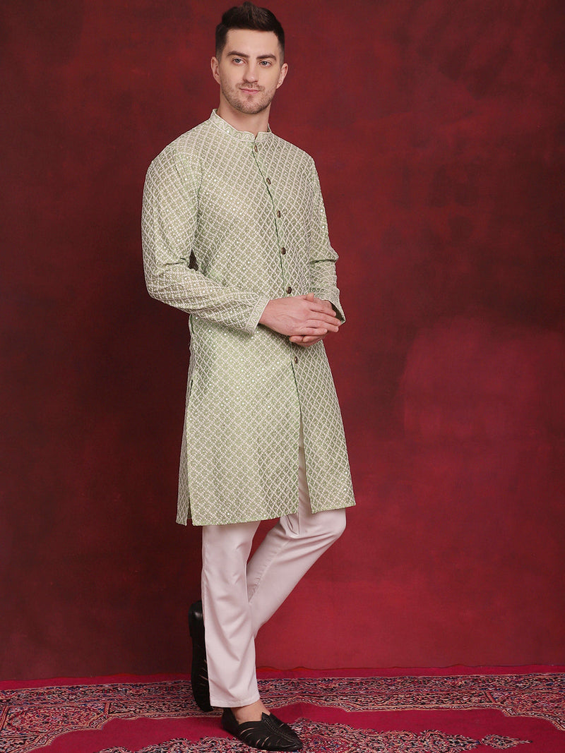 Men's Sequin Chikankari Front Open Kurta With Pyjamas ( JOKP P 5029Pista )