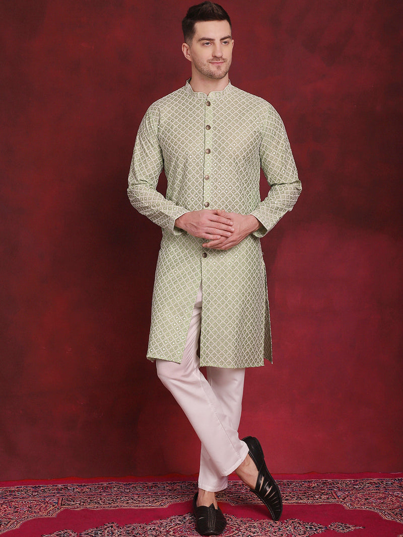 Men's Sequin Chikankari Front Open Kurta With Pyjamas ( JOKP P 5029Pista )