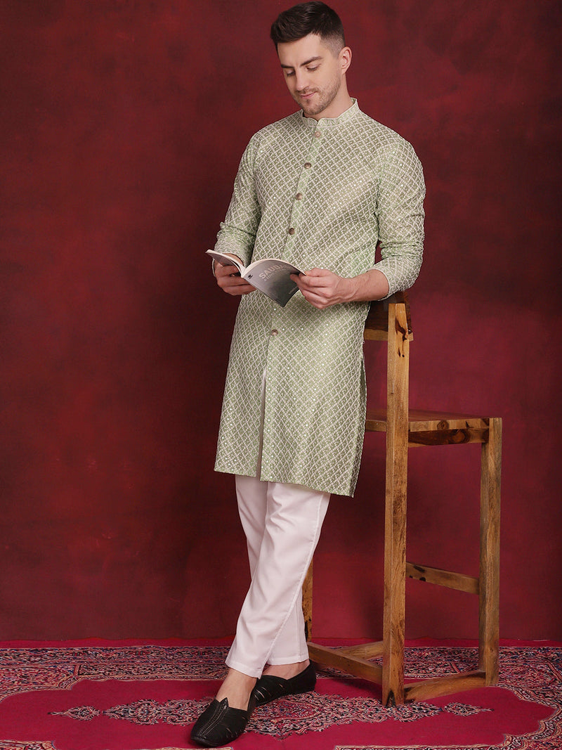 Men's Sequin Chikankari Front Open Kurta With Pyjamas ( JOKP P 5029Pista )