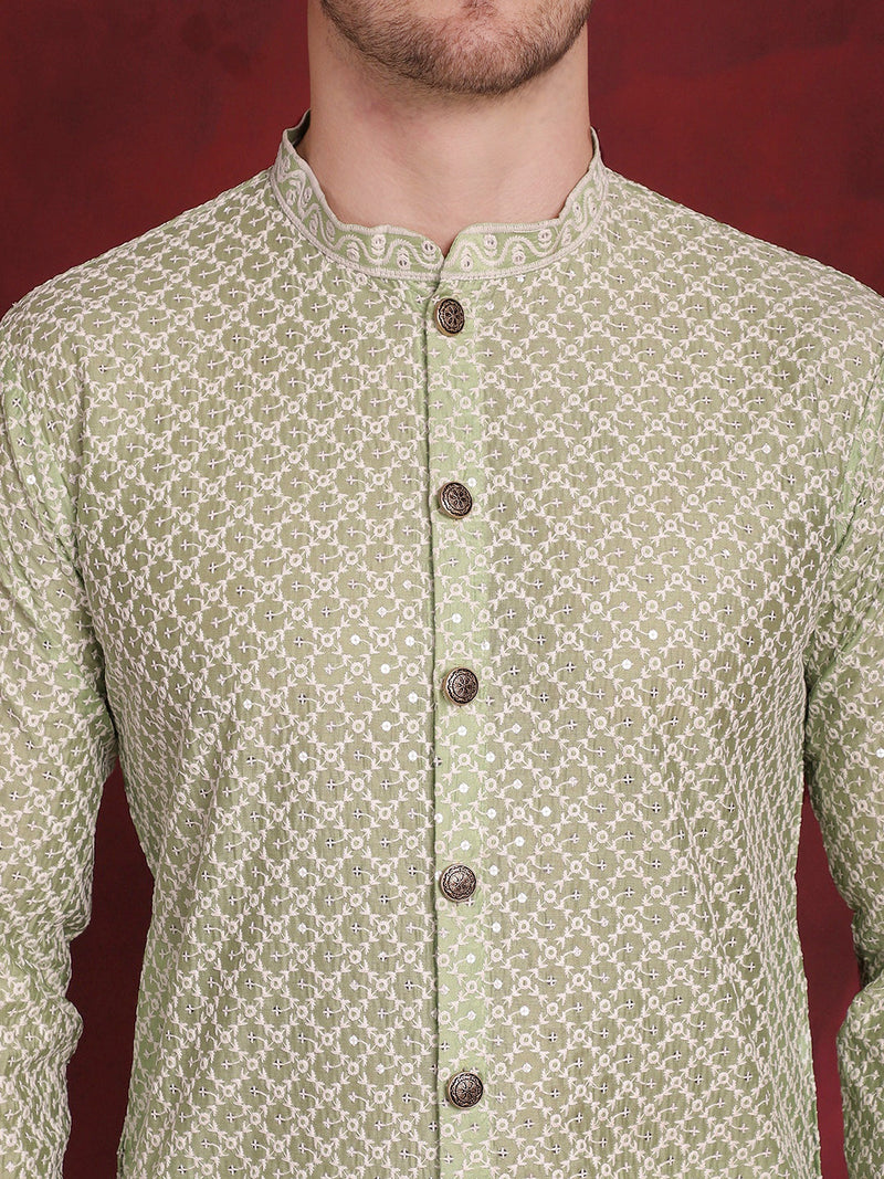 Men's Sequin Chikankari Front Open Kurta With Pyjamas ( JOKP P 5029Pista )