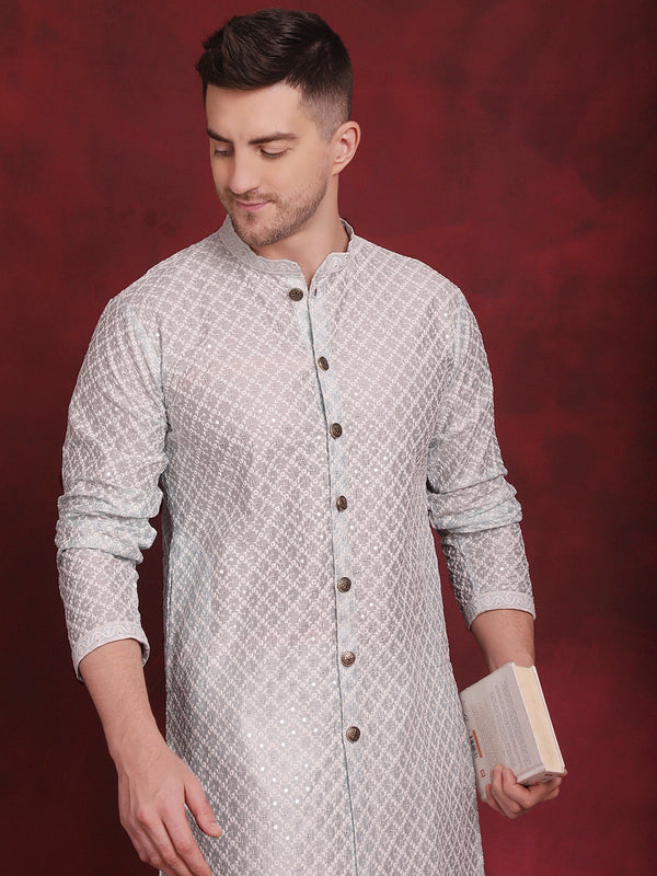 Men's Sequin Chikankari Front Open Kurta With Pyjamas ( JOKP P 5029Sky )