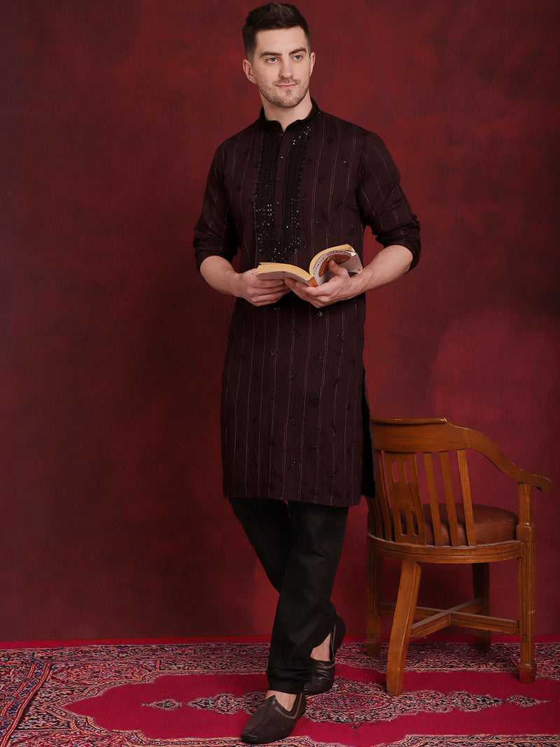 Men's Sequins Embroidered Kurta Pyjama Set ( JOKP B-P 5030Maroon )