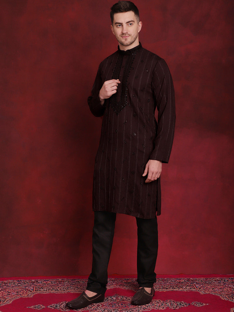 Men's Sequins Embroidered Kurta Pyjama Set ( JOKP B-P 5030Maroon )