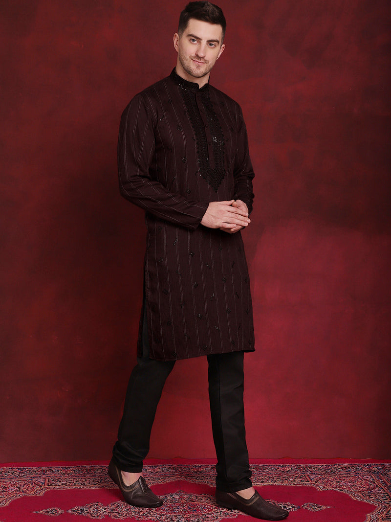 Men's Sequins Embroidered Kurta Pyjama Set ( JOKP B-P 5030Maroon )