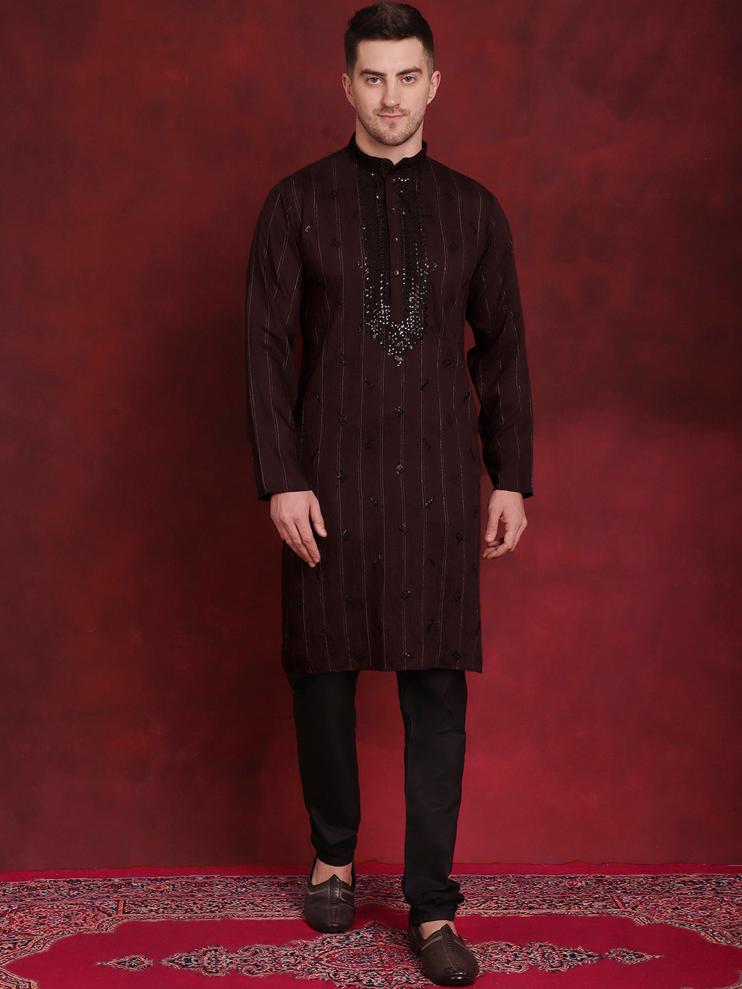 Men's Sequins Embroidered Kurta Pyjama Set ( JOKP B-P 5030Maroon )