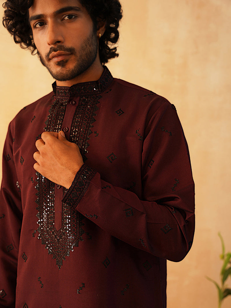 Sequins Embroidered Kurta Pyjama Set for Men