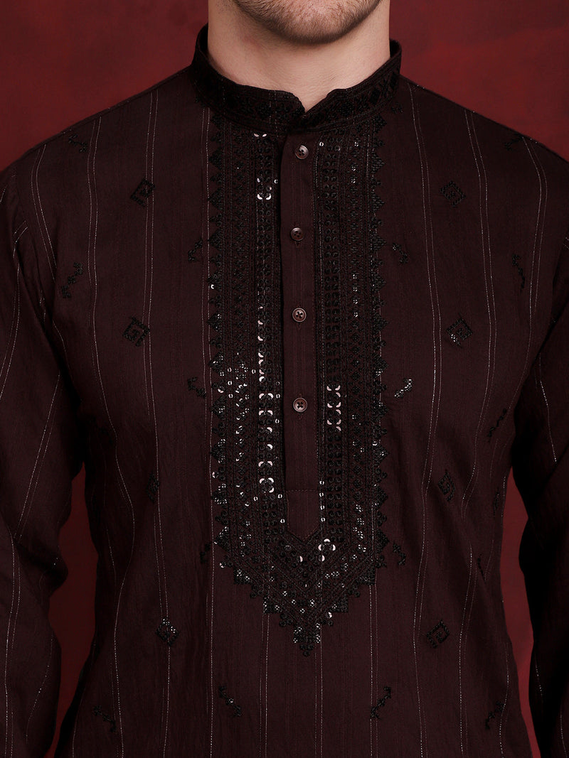 Men's Sequins Embroidered Kurta Pyjama Set ( JOKP B-P 5030Maroon )