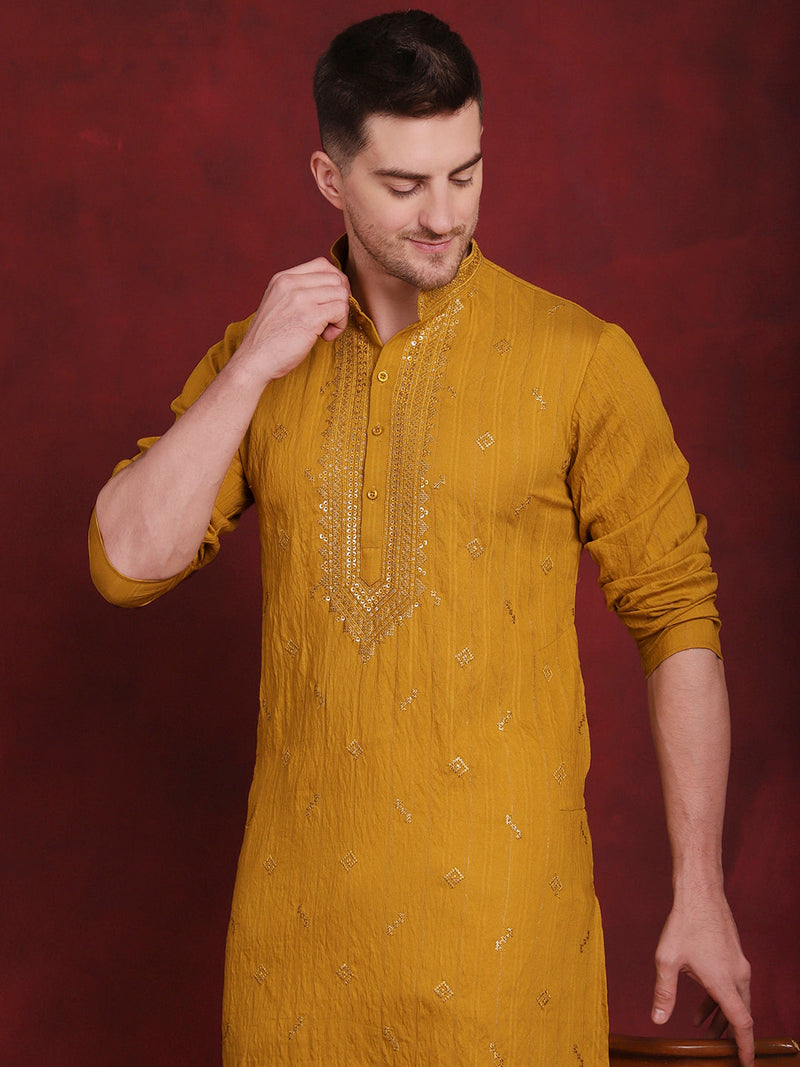 Men's Sequins Embroidered Kurta Pyjama Set ( JOKP P 5030Mustard )