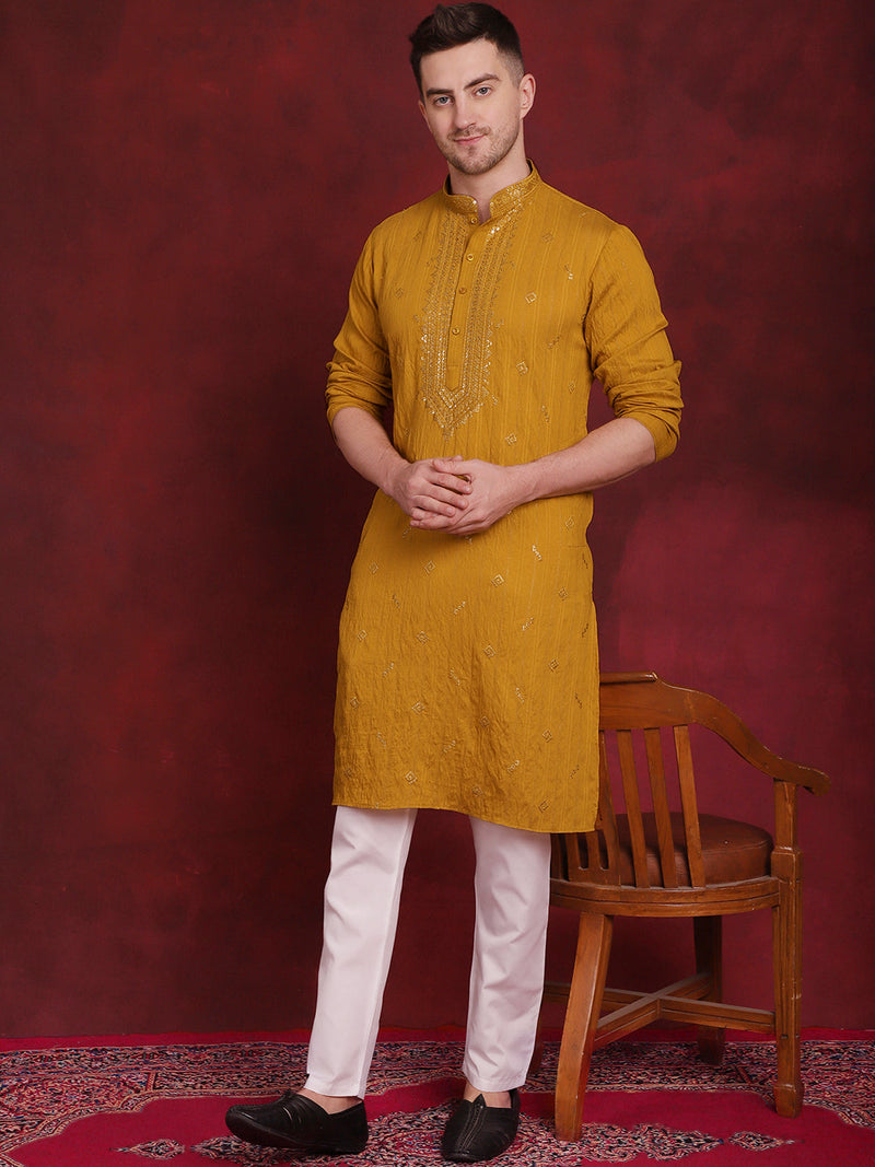 Men's Sequins Embroidered Kurta Pyjama Set ( JOKP P 5030Mustard )