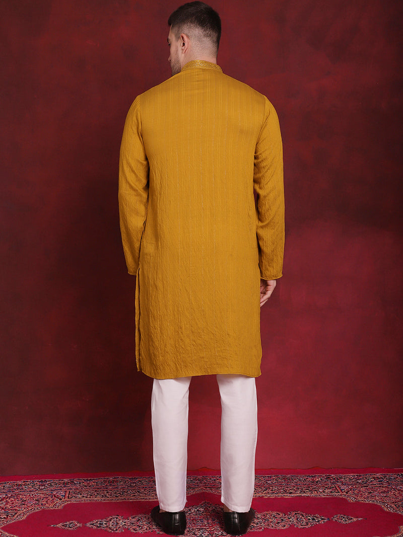 Men's Sequins Embroidered Kurta Pyjama Set ( JOKP P 5030Mustard )