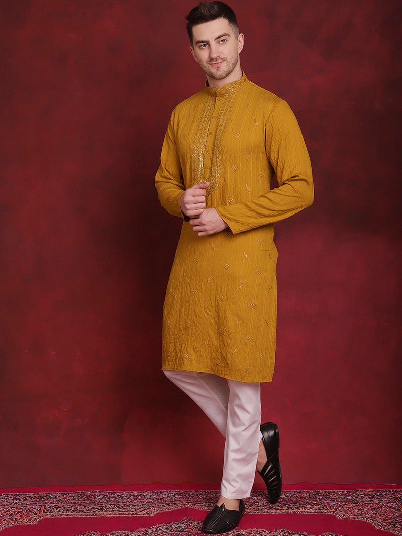 Men's Sequins Embroidered Kurta Pyjama Set ( JOKP P 5030Mustard )