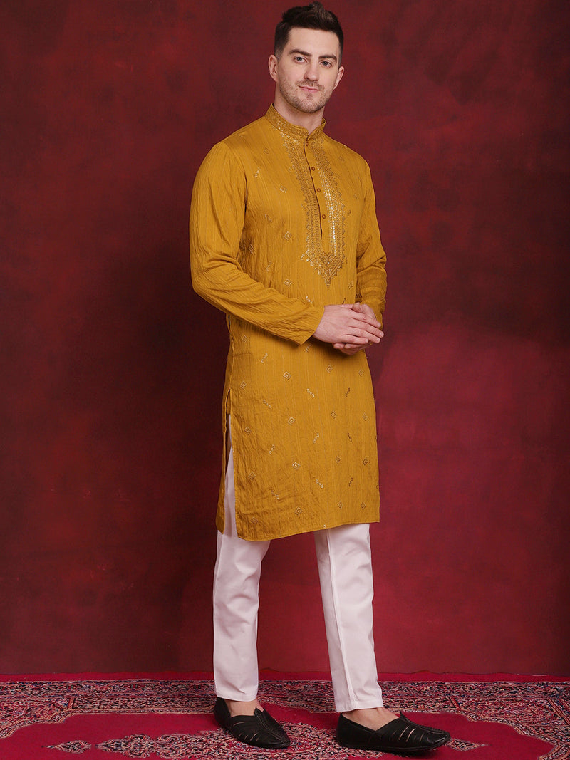 Men's Sequins Embroidered Kurta Pyjama Set ( JOKP P 5030Mustard )