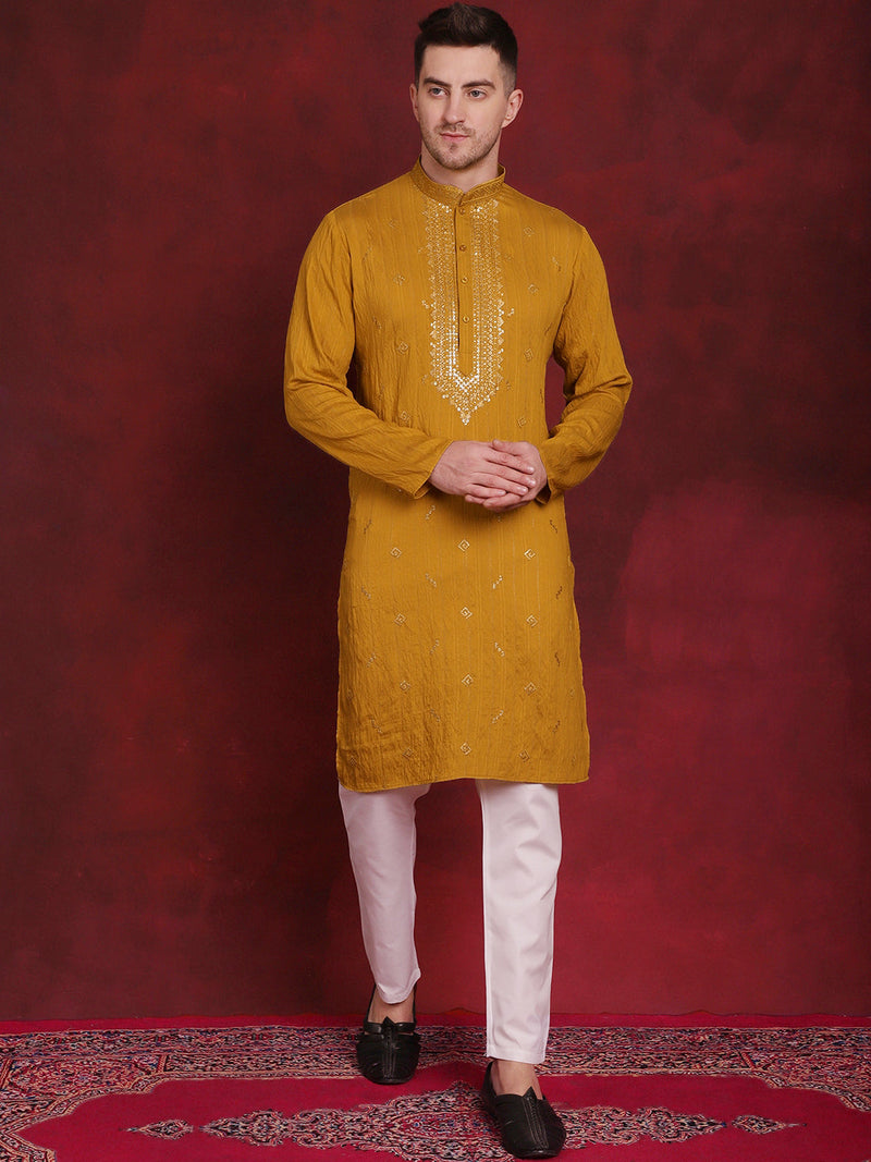 Men's Sequins Embroidered Kurta Pyjama Set ( JOKP P 5030Mustard )