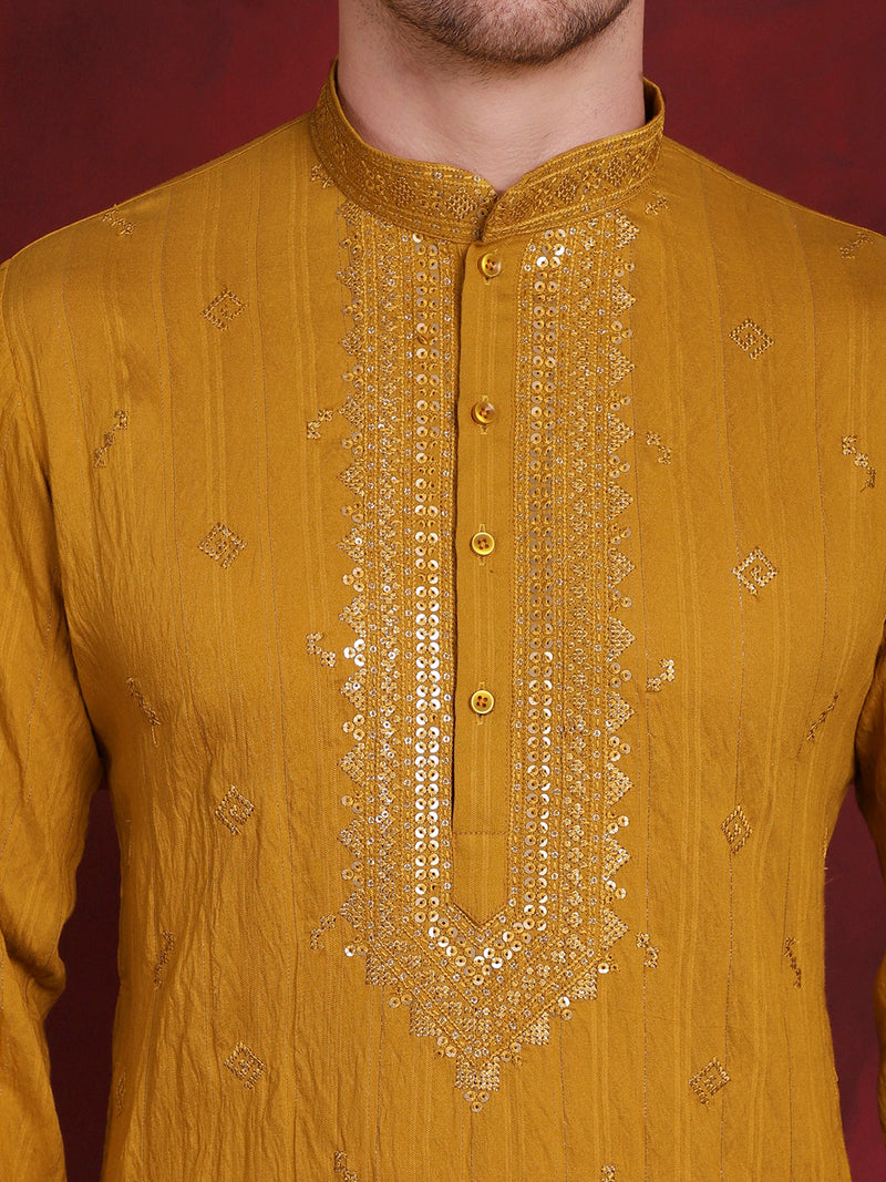 Men's Sequins Embroidered Kurta Pyjama Set ( JOKP P 5030Mustard )