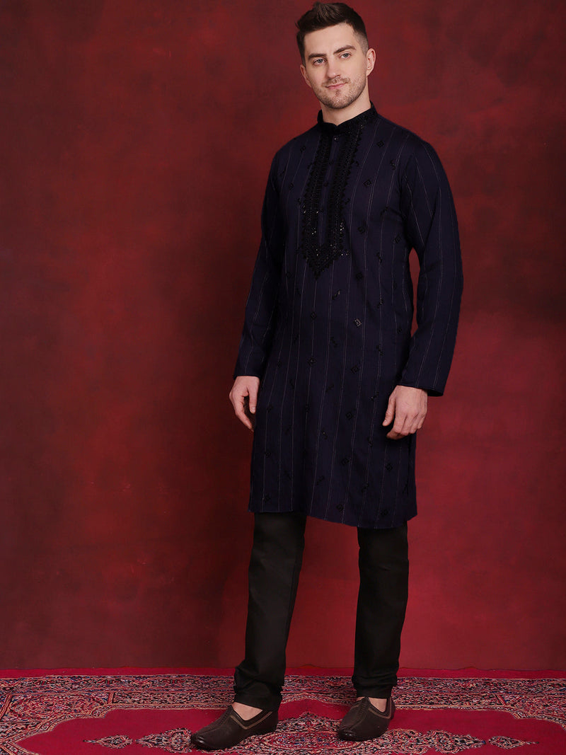 Men's Sequins Embroidered Kurta Pyjama Set ( JOKP B-P 5030Navy )