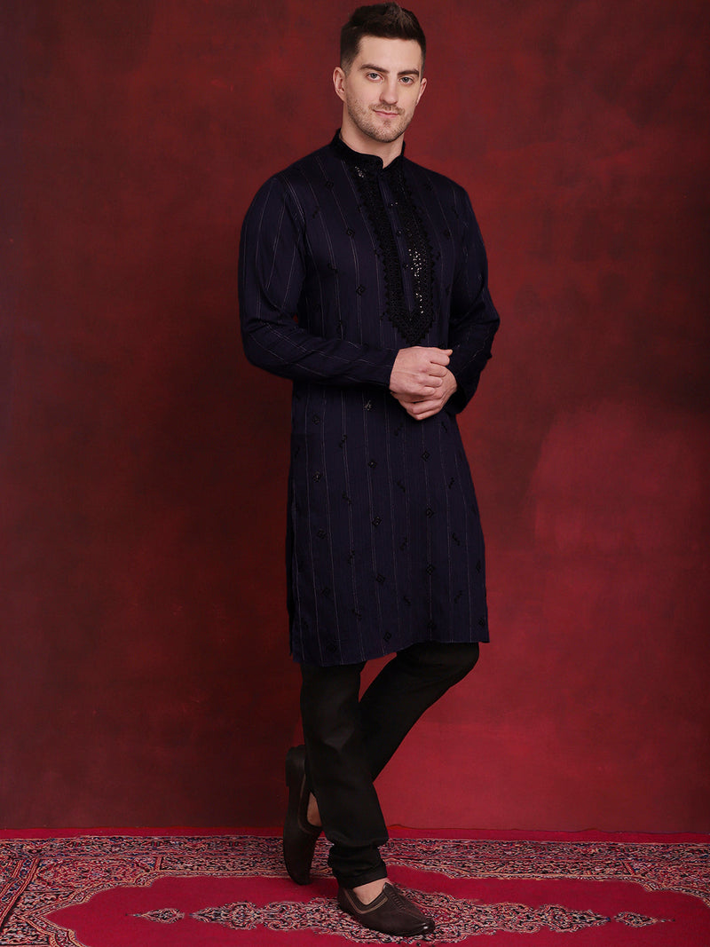 Men's Sequins Embroidered Kurta Pyjama Set ( JOKP B-P 5030Navy )