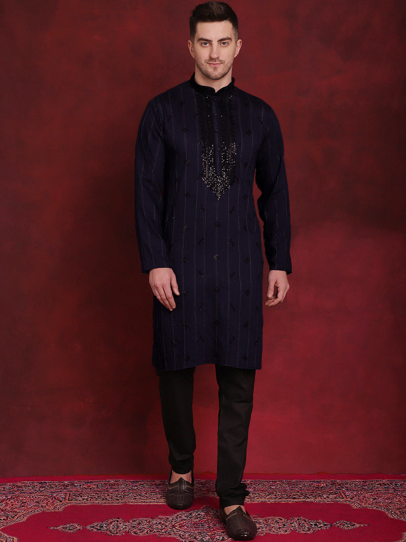 Men's Sequins Embroidered Kurta Pyjama Set ( JOKP B-P 5030Navy )