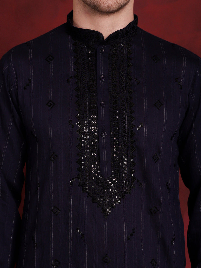 Men's Sequins Embroidered Kurta Pyjama Set ( JOKP B-P 5030Navy )