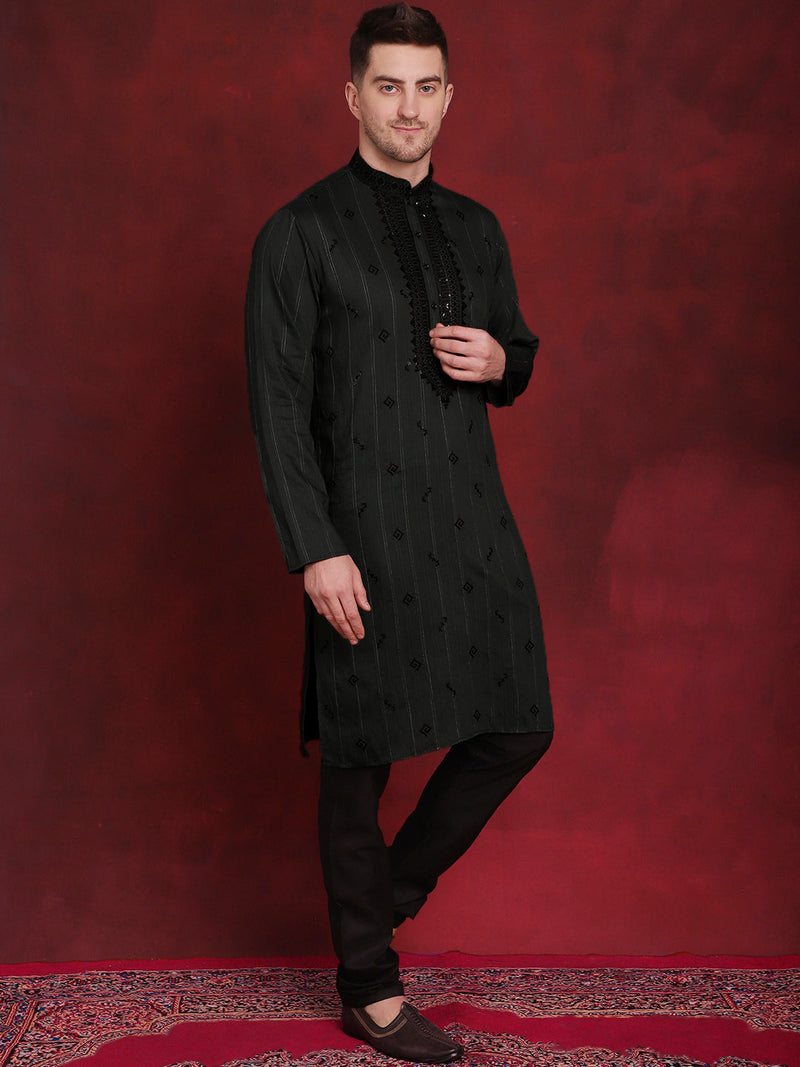 Men's Sequins Embroidered Kurta Pyjama Set ( JOKP B-P 5030Olive )