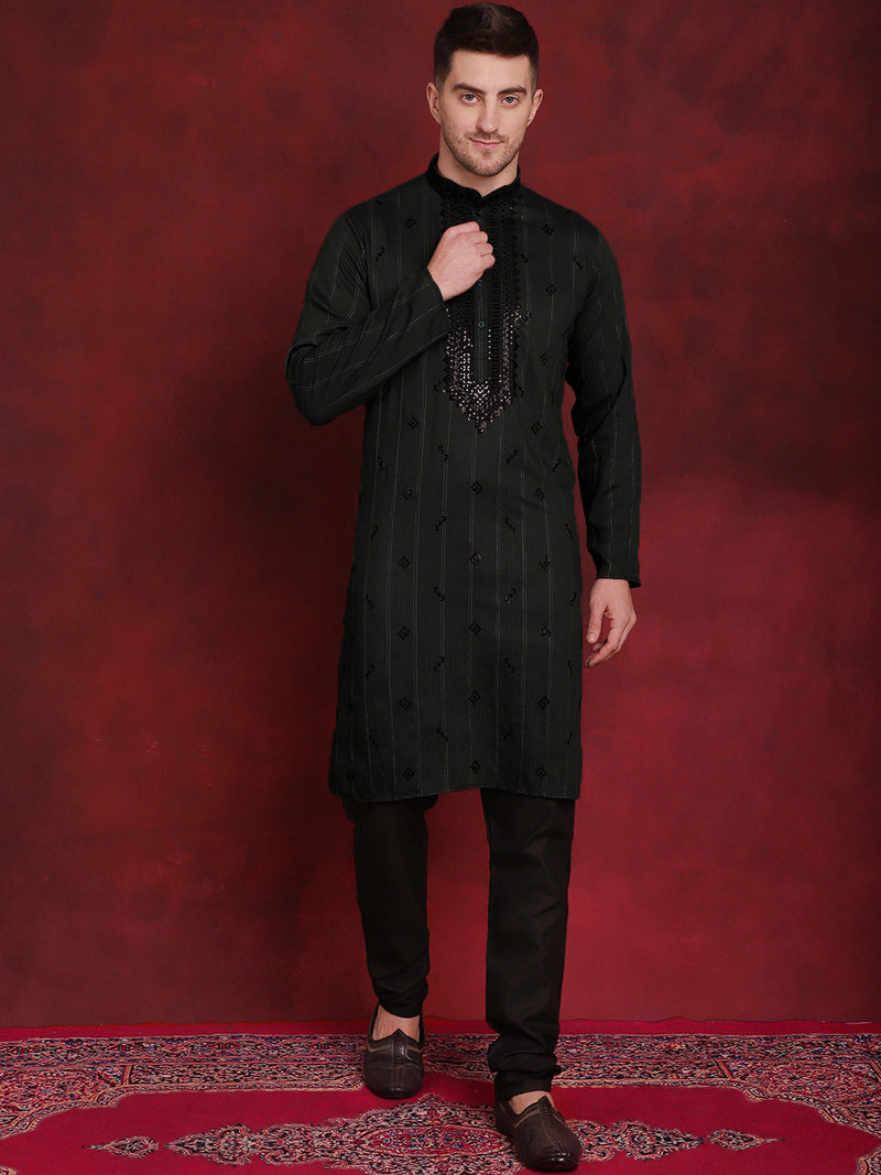 Men's Sequins Embroidered Kurta Pyjama Set ( JOKP B-P 5030Olive )