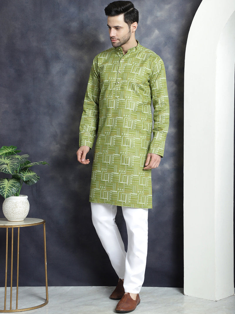 Men's Printed Kurta with Churidar ( JOKP P 5031Olive )