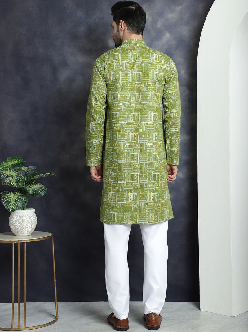 Men's Printed Kurta with Churidar ( JOKP P 5031Olive )