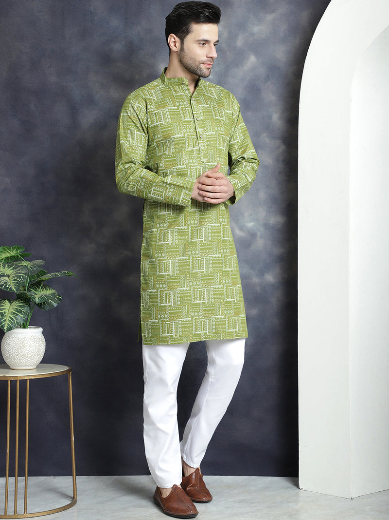 Men's Printed Kurta with Churidar ( JOKP P 5031Olive )