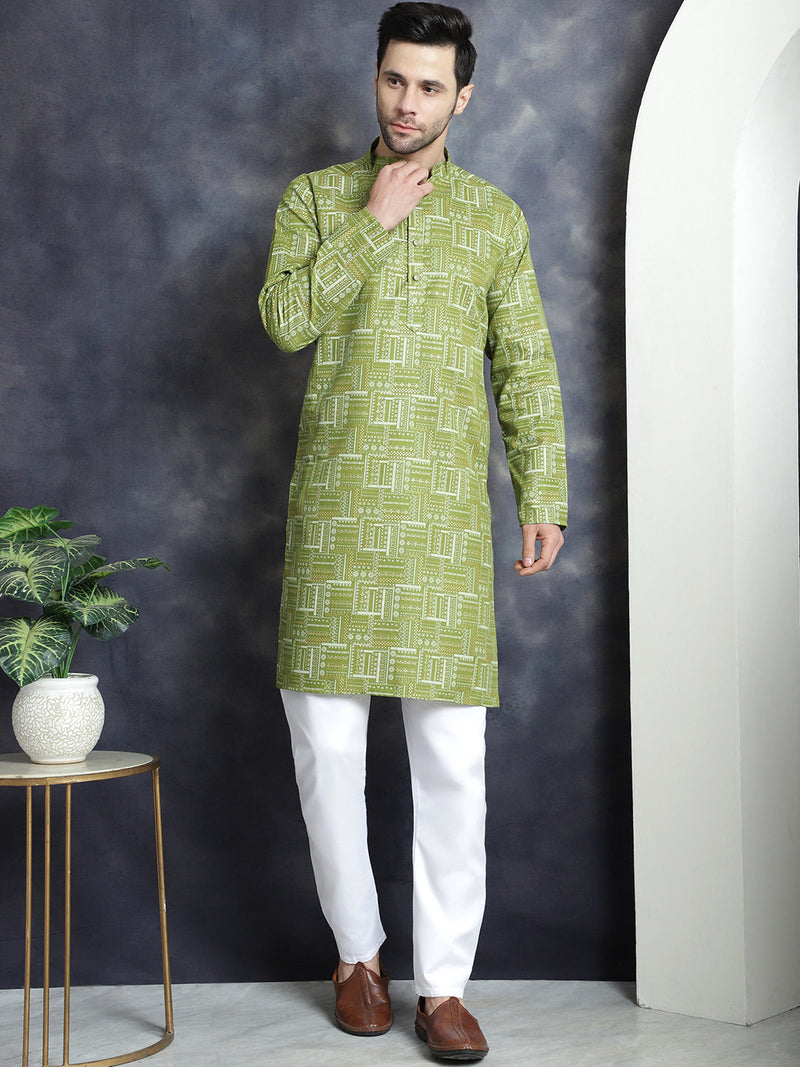 Men's Printed Kurta with Churidar ( JOKP P 5031Olive )