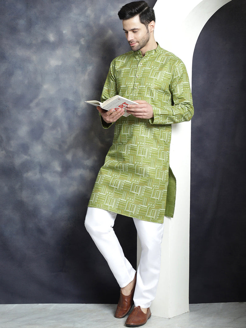 Men's Printed Kurta with Churidar ( JOKP P 5031Olive )