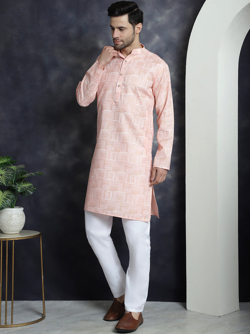 Men's Printed Kurta with Churidar ( JOKP P 5031Peach )