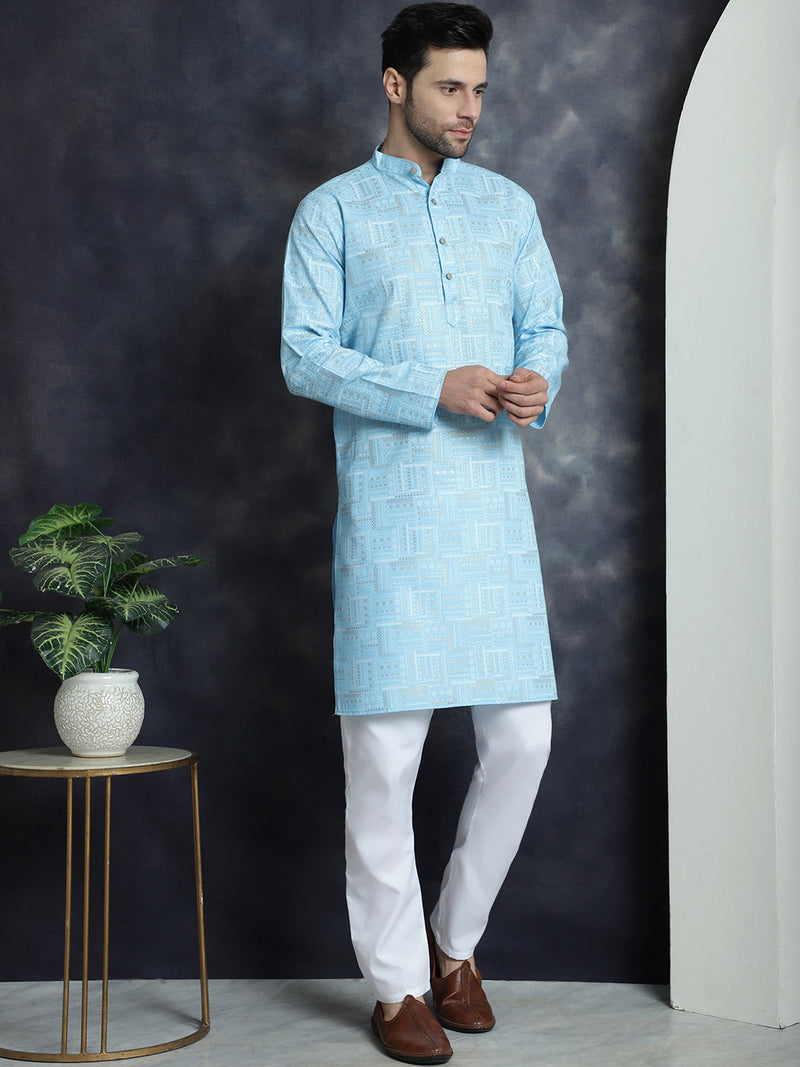 Men's Printed Kurta with Churidar ( JOKP P 5031Sky )