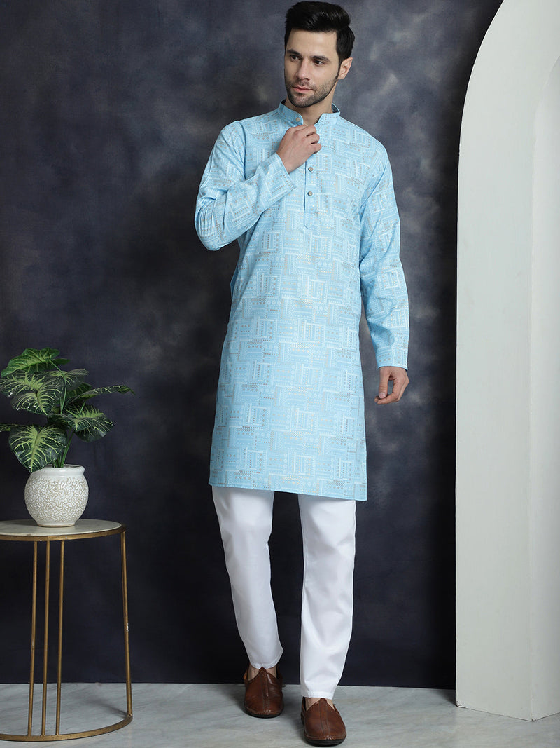 Men's Printed Kurta with Churidar ( JOKP P 5031Sky )