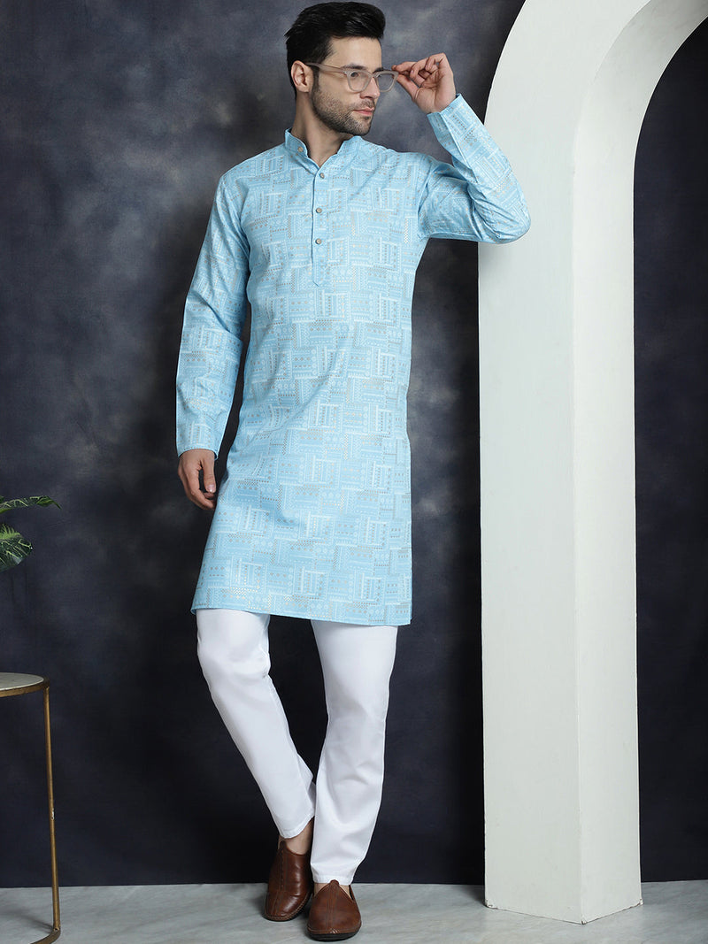 Men's Printed Kurta with Churidar ( JOKP P 5031Sky )