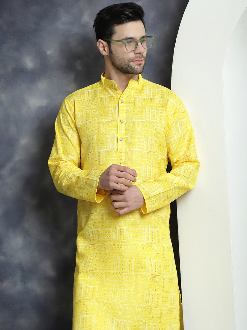 Men's Printed Kurta with Churidar ( JOKP P 5031Yellow )