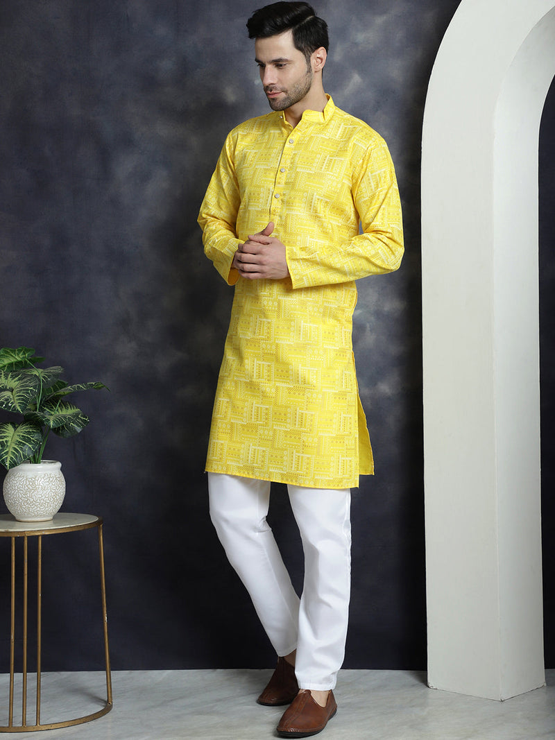 Men's Printed Kurta with Churidar ( JOKP P 5031Yellow )