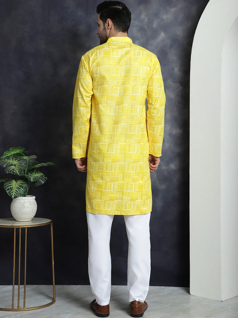 Men's Printed Kurta with Churidar ( JOKP P 5031Yellow )