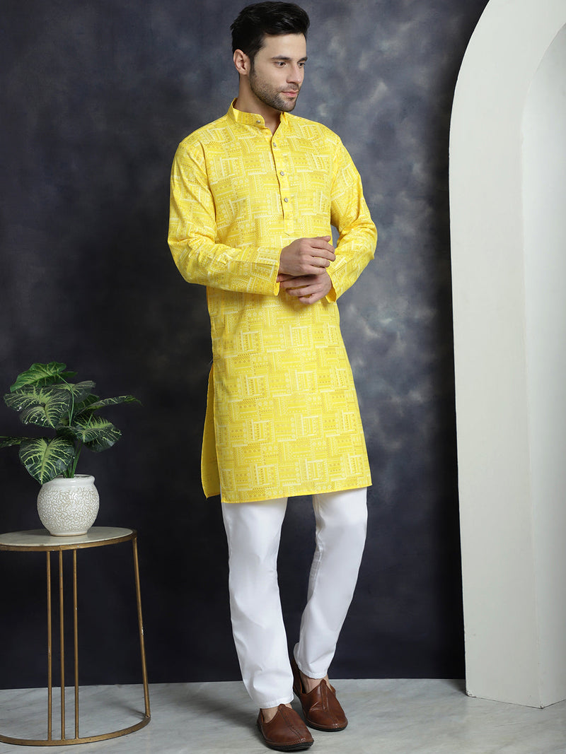 Men's Printed Kurta with Churidar ( JOKP P 5031Yellow )