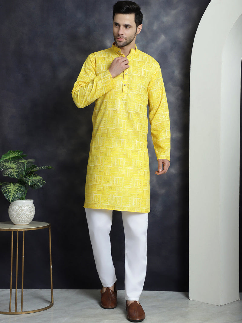 Men's Printed Kurta with Churidar ( JOKP P 5031Yellow )