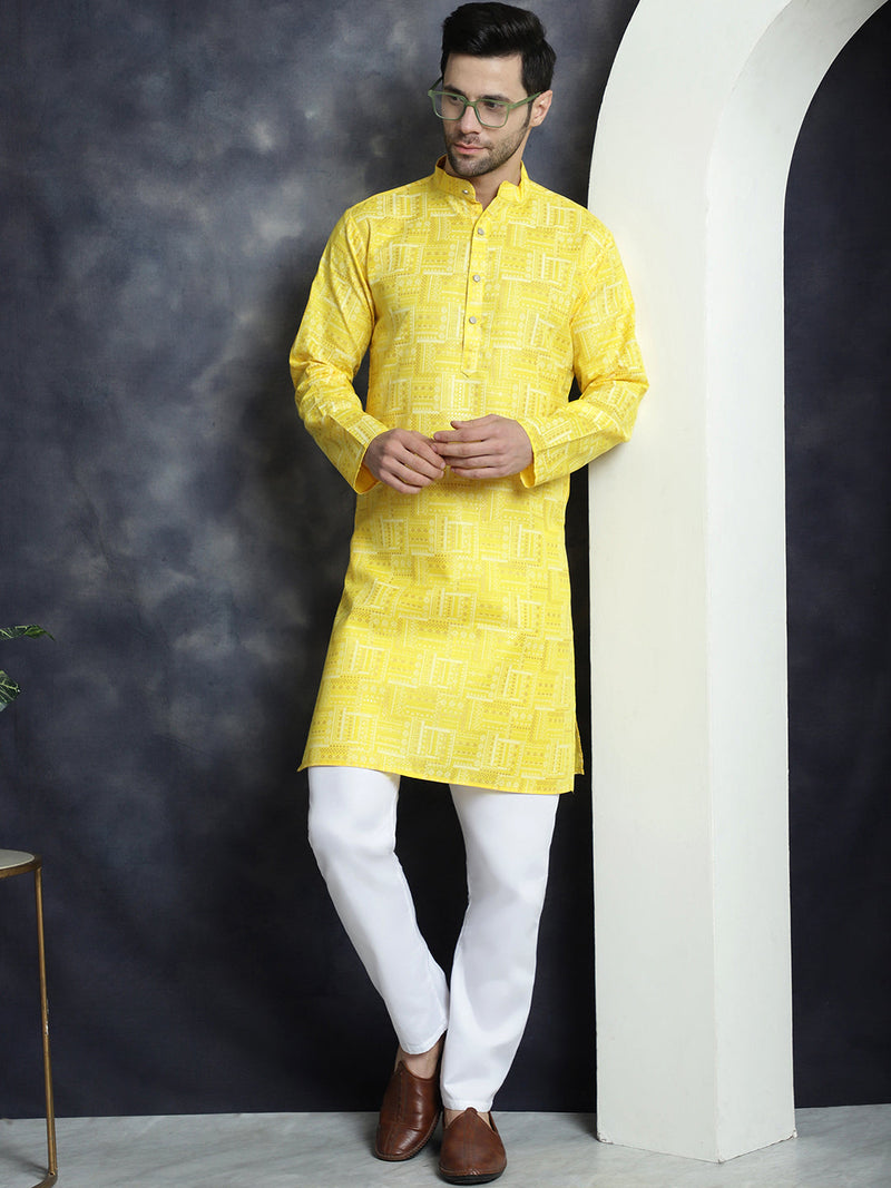 Men's Printed Kurta with Churidar ( JOKP P 5031Yellow )