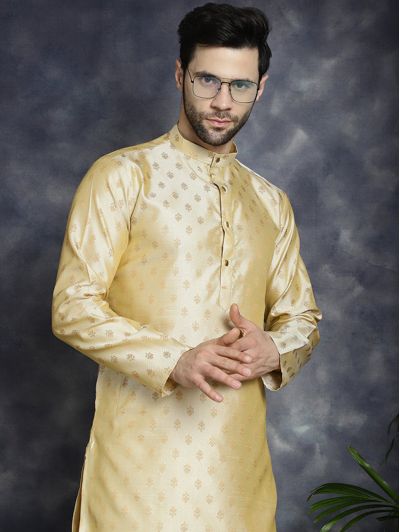 Woven Design Silk Blend Kurta with Pyjama ( JOKP P 5032Golden )