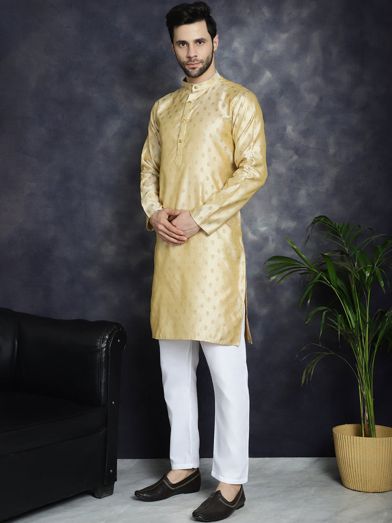 Woven Design Silk Blend Kurta with Pyjama ( JOKP P 5032Golden )