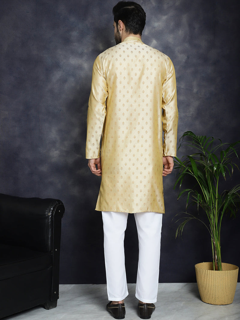 Woven Design Silk Blend Kurta with Pyjama ( JOKP P 5032Golden )