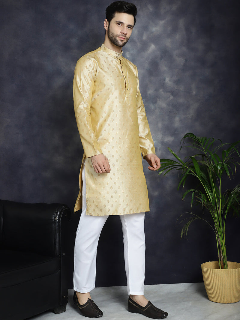 Woven Design Silk Blend Kurta with Pyjama ( JOKP P 5032Golden )